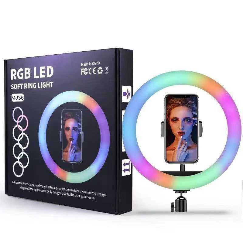 MJ36 RGB LED Ring Light 36cm with 16 Colors, Brightness Control & Phone Holder