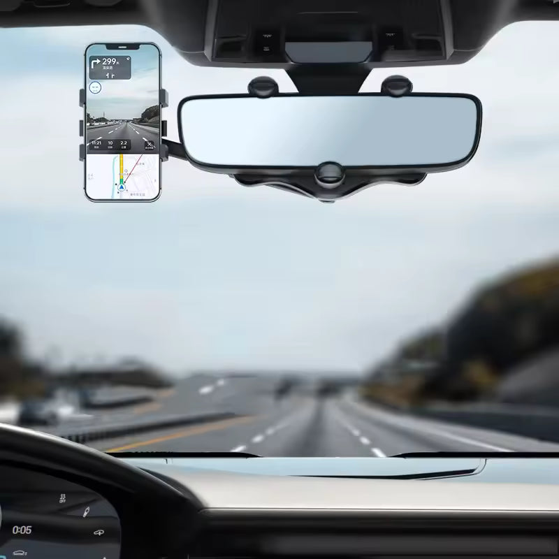 360° Rotatable & Retractable Rearview Mirror Phone Holder | Safe & Convenient Driving Mount